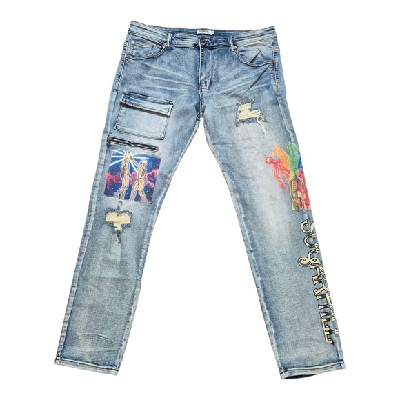 Sugar Hill Transcend Jeans Blue Stone Tactical Pocket Skelton Distressed Mens 40 - Picture 2 of 8